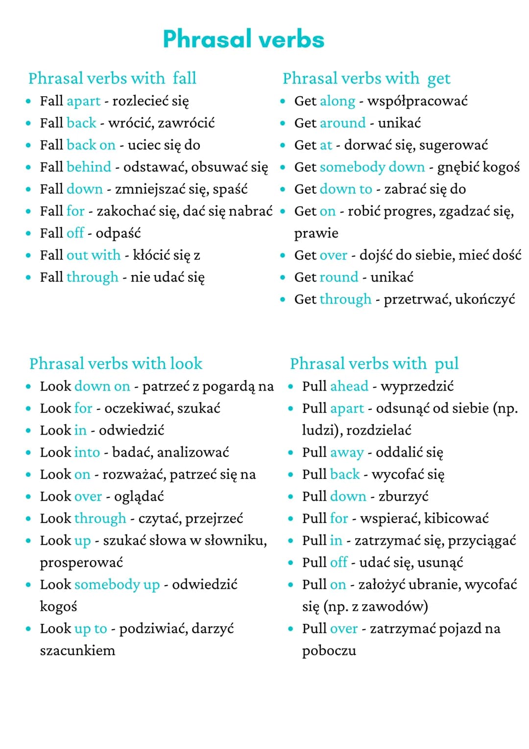 Phrasal verbs with fall
Fall apart - rozlecieć się
Fall back - wrócić, zawrócić
●
• Fall back on - uciec się do
Fall behind- odstawać, obsuw