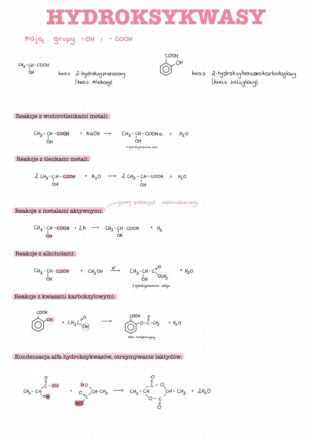 HYDROKSYKWASY
mają grupy - OH i - COOH
CH3-CH-COOH
OH
Reakcje z wodorotlenkami metali:
kwas 2-hydroksy propanowy.
( kwas mlekony)
CH3-CH-COO