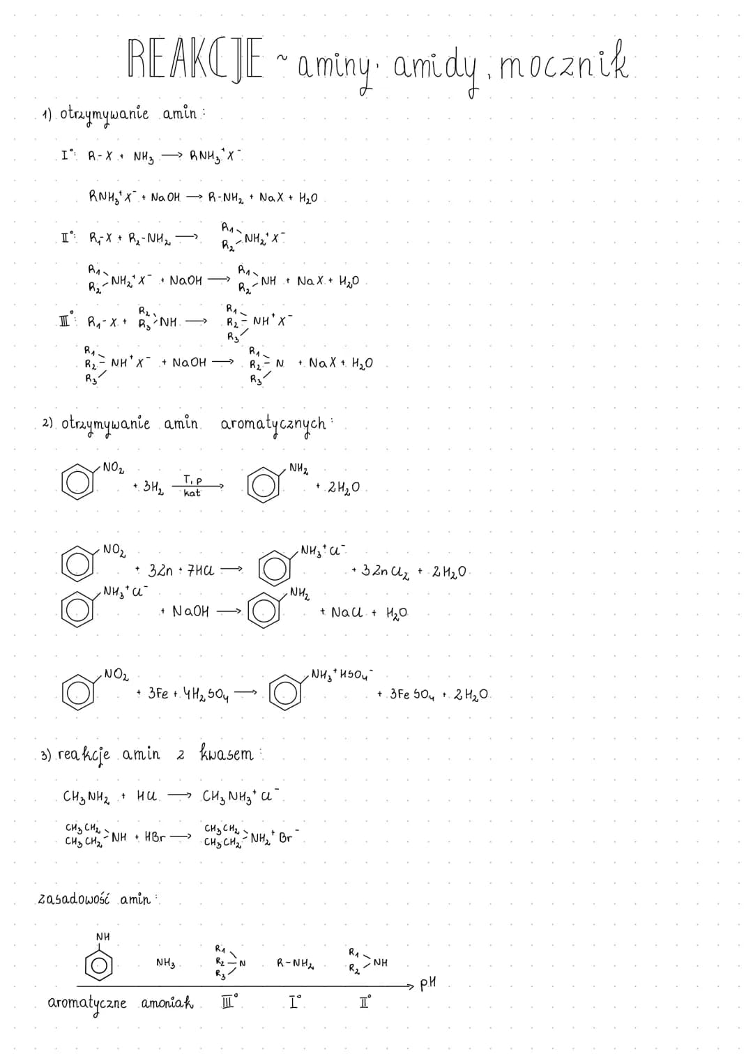 1). otrzymywanie amin:
I: R-X + NH3 -> RNH₂ X
REAKCJE ~ aminy: amidy, mocznik
RNH₂X+ NaOH →→→ R-NH₂ + Na₂X + H₂O
I: R₁X + R₂-NH₂ →
Али
R₂₂
Ả