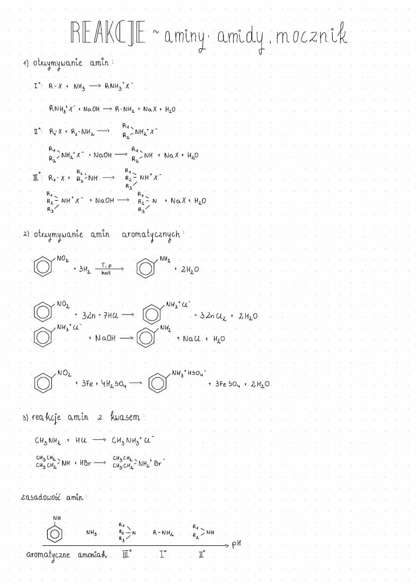 1). otrzymywanie amin:
I: R-X + NH3 -> RNH₂ X
REAKCJE ~ aminy: amidy, mocznik
RNH₂X+ NaOH →→→ R-NH₂ + Na₂X + H₂O
I: R₁X + R₂-NH₂ →
Али
R₂₂
Ả