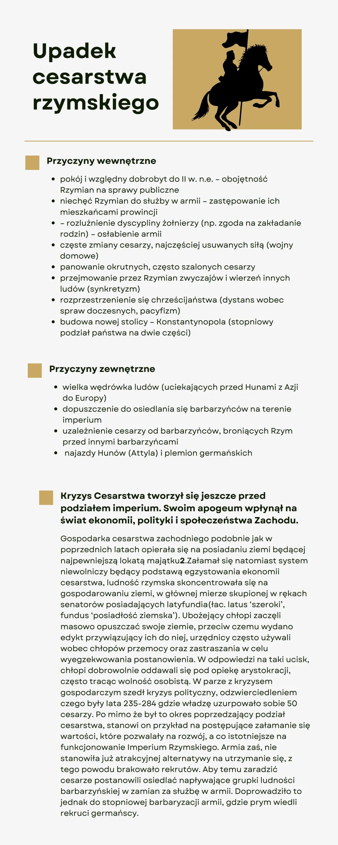 Upadek
cesarstwa
rzymskiego
Przyczyny wewnętrzne
pokój i względny dobrobyt do II w. n.e. - obojętność
Rzymian na sprawy publiczne
• niechęć 