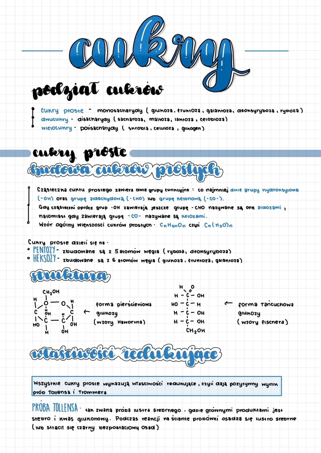 podział cukrów
cukry proste
budowa cukrow prostych
H
Cukry proste monosacnaryoly ( glukoza, fruktoza, galaktoza, deoksyryboza, rypoza)
dwucu