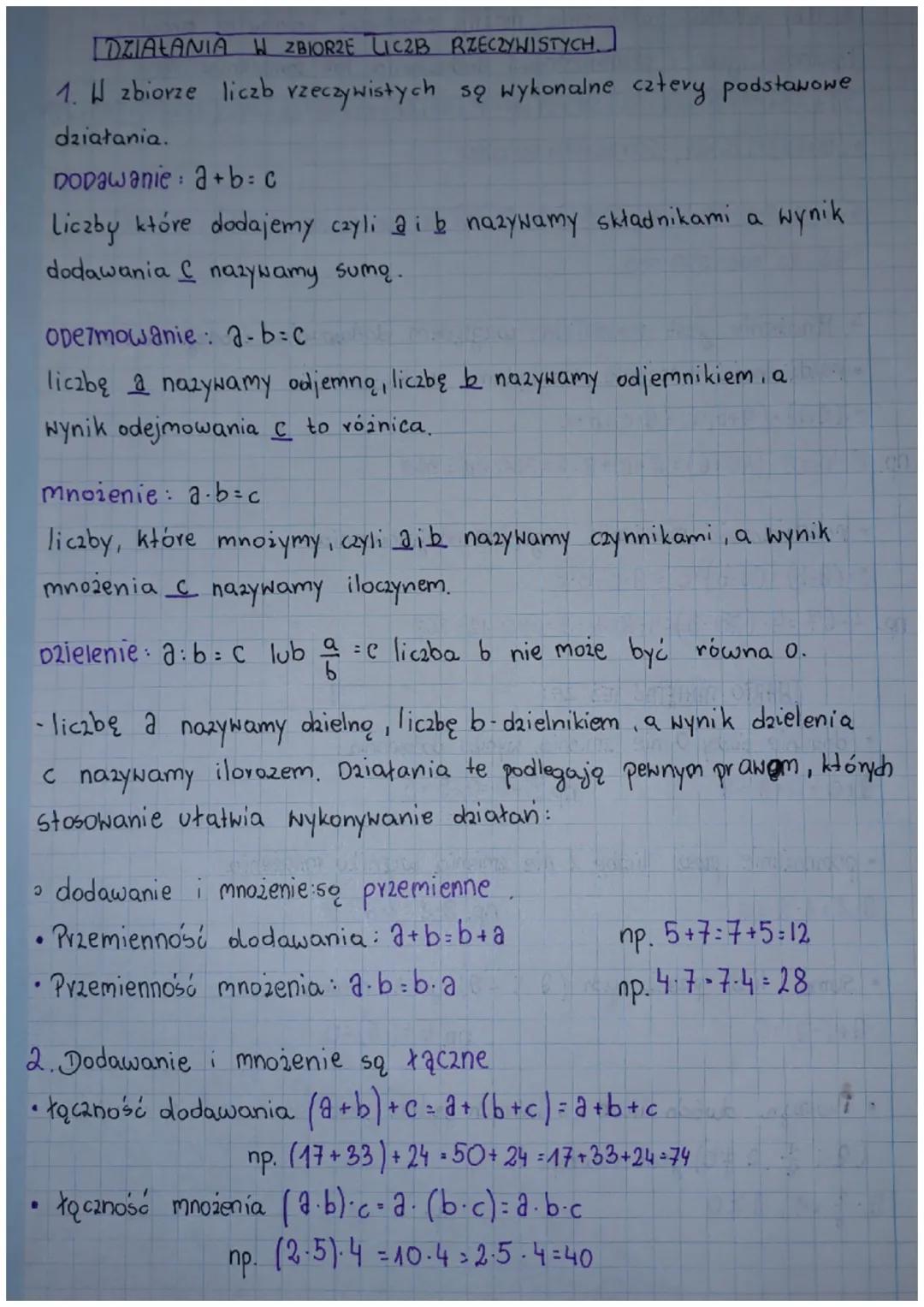DZIAŁANIA W ZBIORZE LICZB RZECZYWISTYCH.
1. W zbiorze liczb rzeczywistych są wykonalne cztery podstawowe
działania.
Dodawanie a+b=c
:
Liczby