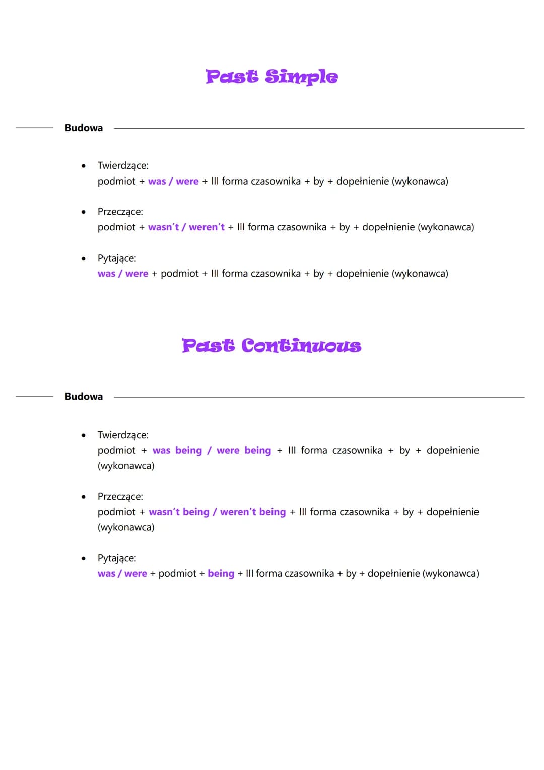 ●
●
●
●
●
Strona bierna (passive voice)
Dopełnienie w stronie czynnej staje się podmiotem w stronie biernej.
Podmiot w stronie czynnej staje