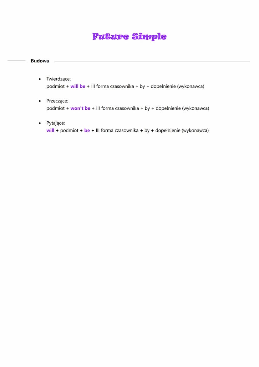 ●
●
●
●
●
Strona bierna (passive voice)
Dopełnienie w stronie czynnej staje się podmiotem w stronie biernej.
Podmiot w stronie czynnej staje
