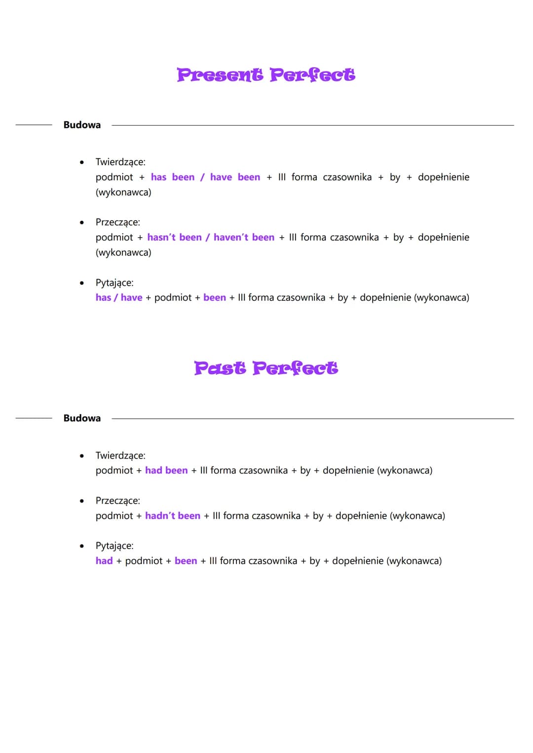 ●
●
●
●
●
Strona bierna (passive voice)
Dopełnienie w stronie czynnej staje się podmiotem w stronie biernej.
Podmiot w stronie czynnej staje