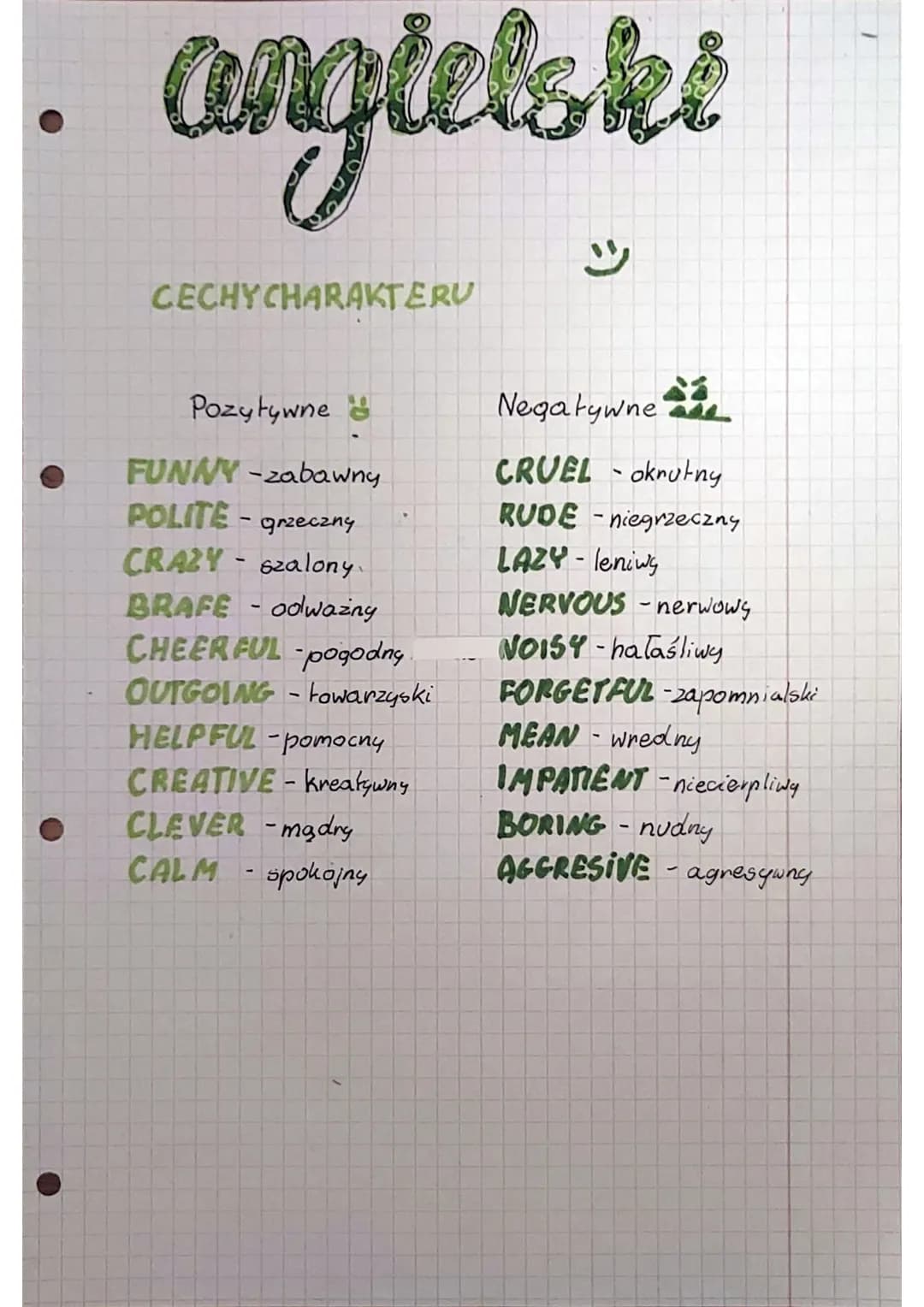 angielski
CECHY CHARAKTERU
Pozytywne
FUNNY -zabawny
POLITE-grzeczny
CRAZY - szalony.
BRAFE - odważny
CHEERFUL -pogodny
OUTGOING - towarzyski