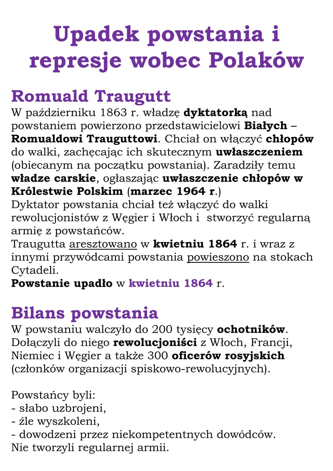 Upadek powstania i
represje wobec Polaków
Romuald Traugutt
W październiku 1863 r. władzę dyktatorką nad
powstaniem powierzono przedstawiciel