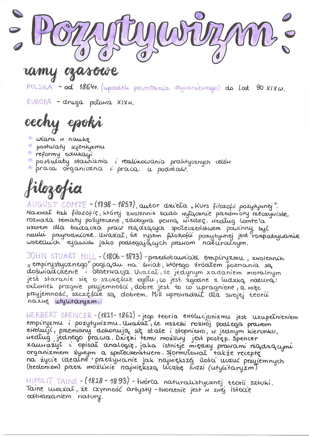 • Pozytywizm:
ramy czasowe
POLSKA - od 1864r. (upadek powstania Styczniowego) do lat 90 XIX w.
EUROPA druga połowa XIXW.
cechy epoki
wiara w