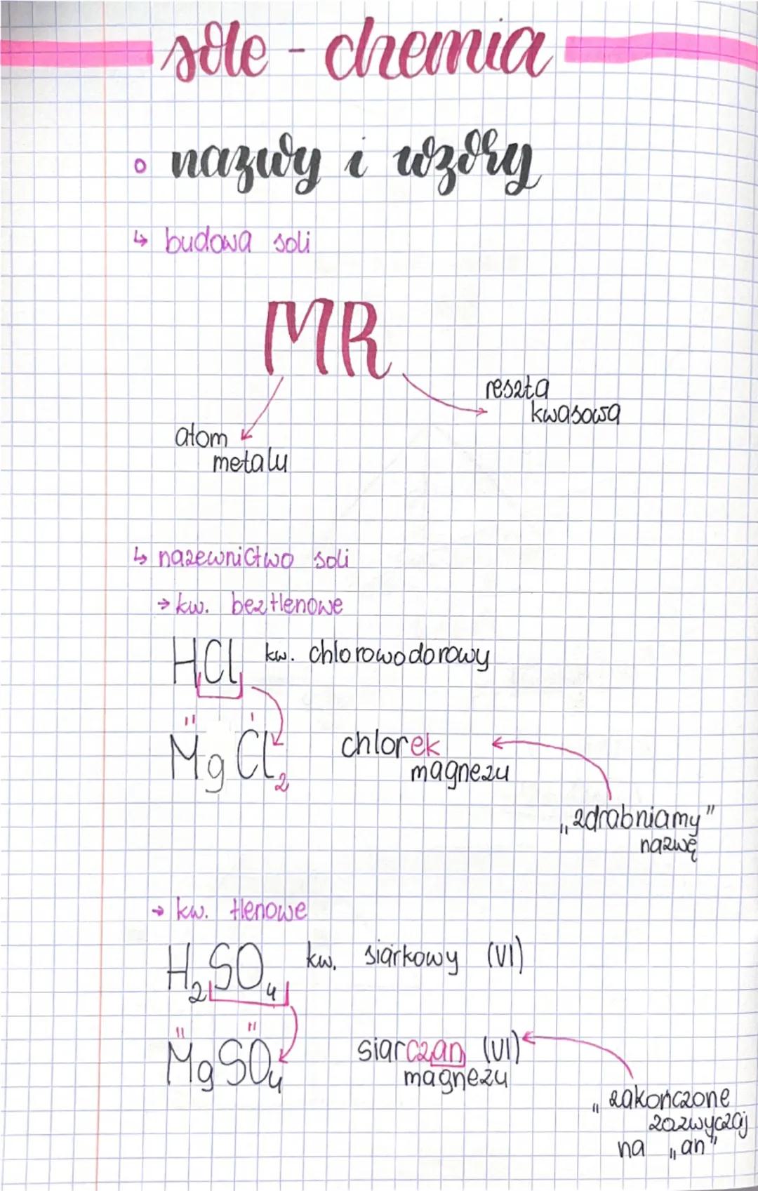 # sole - chemia

*   nazwy i wzory

↳ budowa soli

MR

atom
metalu

reszta
kwasowa

↳ nazewnictwo soli

→ kw. beztlenowe

HCL kw. chlorowodo