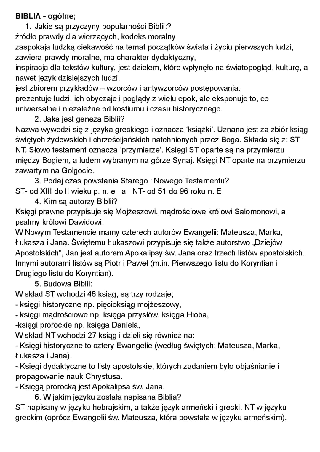 Biblia - Powtórka do Matury 2024 i 2025 | Notatki, Pytania i Zadania