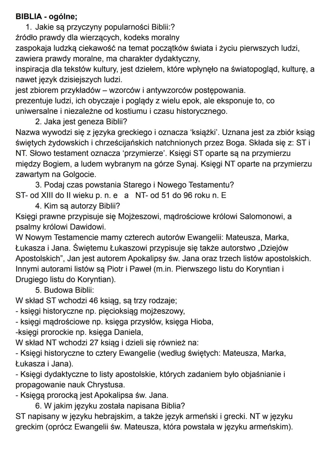 BIBLIA - ogólne;
1. Jakie są przyczyny popularności Biblii:?
źródło prawdy dla wierzących, kodeks moralny
zaspokaja ludzką ciekawość na tema