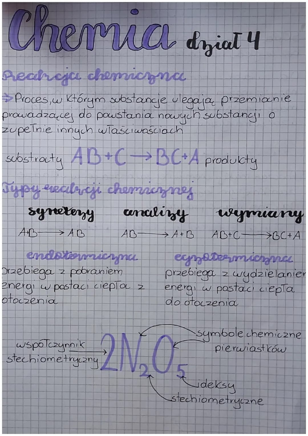 Chemia
dział 4
Rearcja chemiczna
→ Proces, w którym substancje ulegają przemianie
prowadzącej do powstania nowych substancji o
zupełnie inny