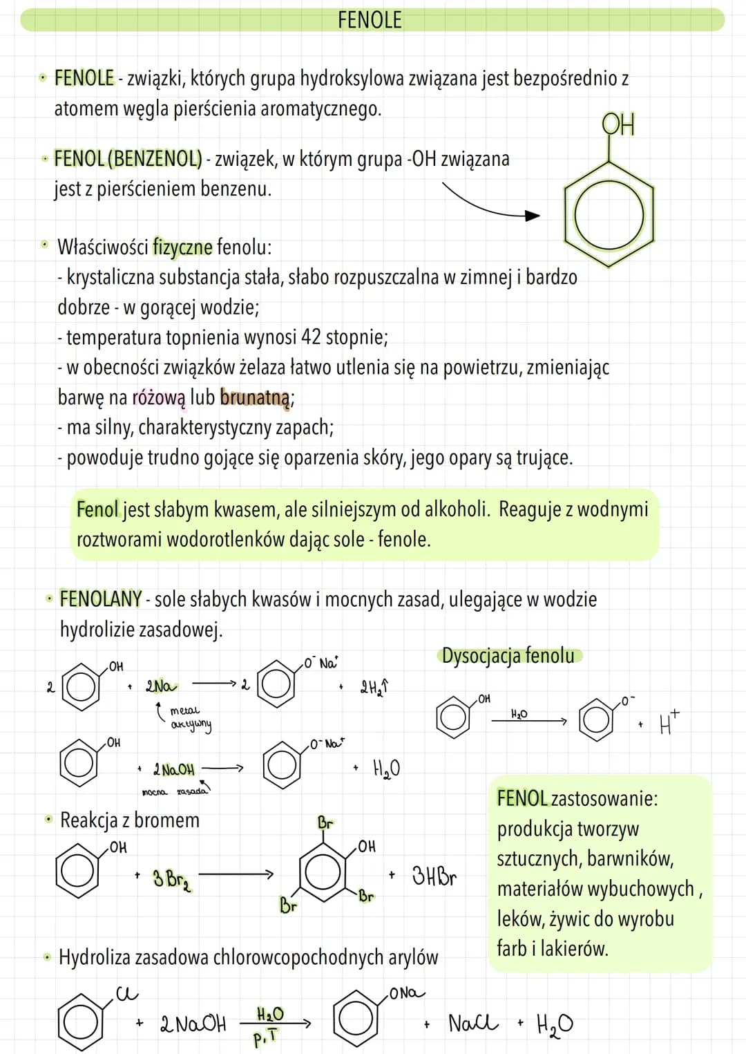 .
FENOLE - związki, których grupa hydroksylowa związana jest bezpośrednio z
atomem węgla pierścienia aromatycznego.
OH
FENOL (BENZENOL) - zw