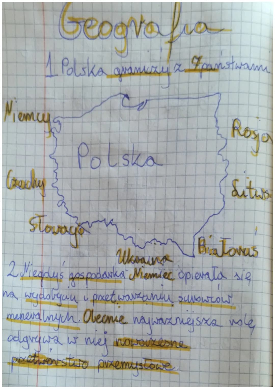 Geografia
1 Polska graniczy z Fpanstwami
Polska
Niemcyg
ету
Corestry
Помадами
Ukraina
Roya
Sutwor
Białorus
2 Miegdy's gospodarka Miemiec opi