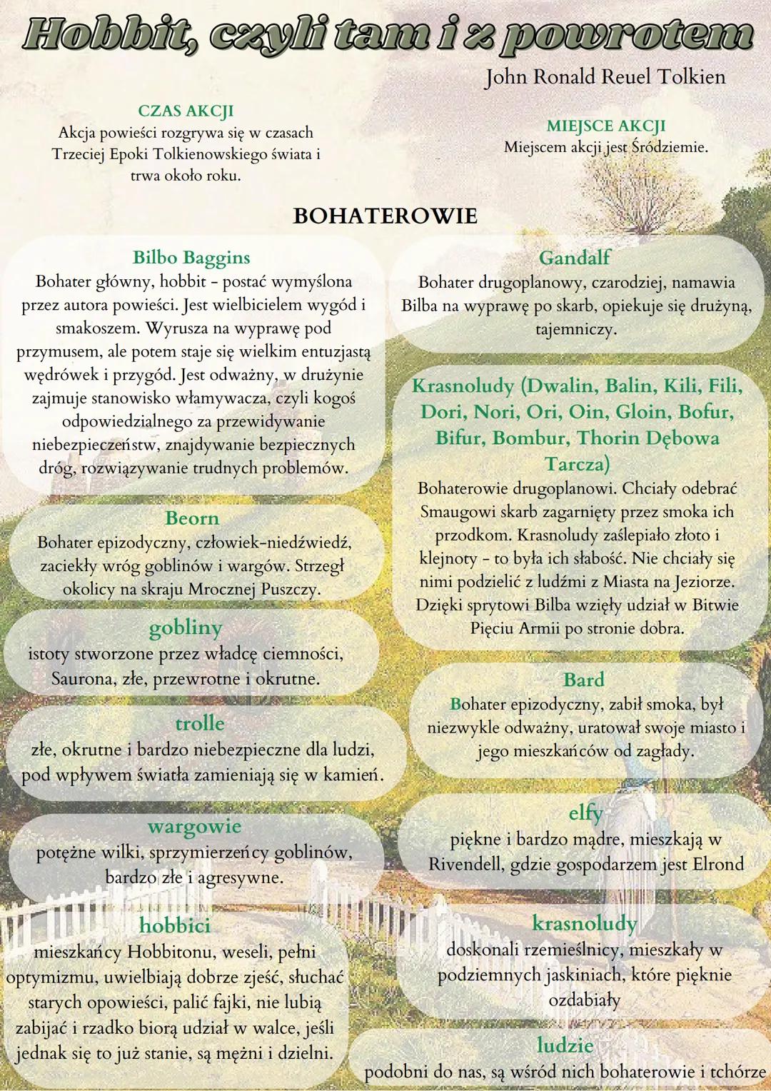 Hobbit, czyli tam iz powrotem
John Ronald Reuel Tolkien
CZAS AKCJI
Akcja powieści rozgrywa się w czasach
Trzeciej Epoki Tolkienowskiego świa