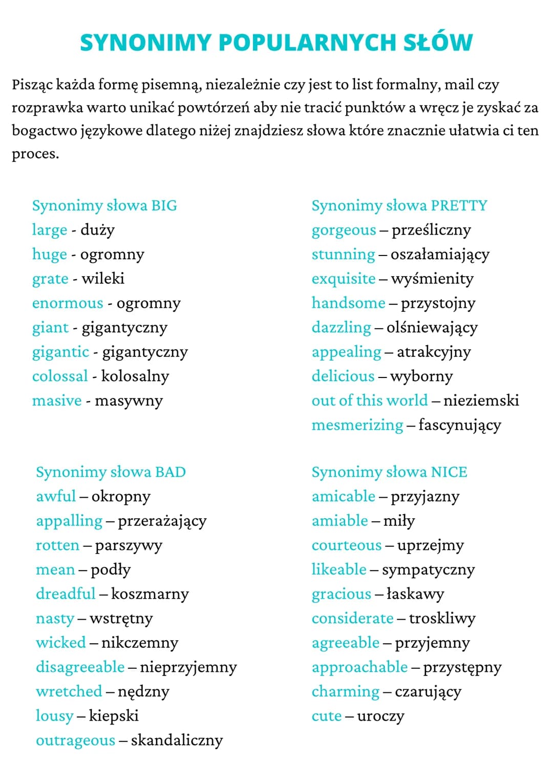 SYNONIMY POPULARNYCH SŁÓW
Pisząc każda formę pisemną, niezależnie czy jest to list formalny, mail czy
rozprawka warto unikać powtórzeń aby n