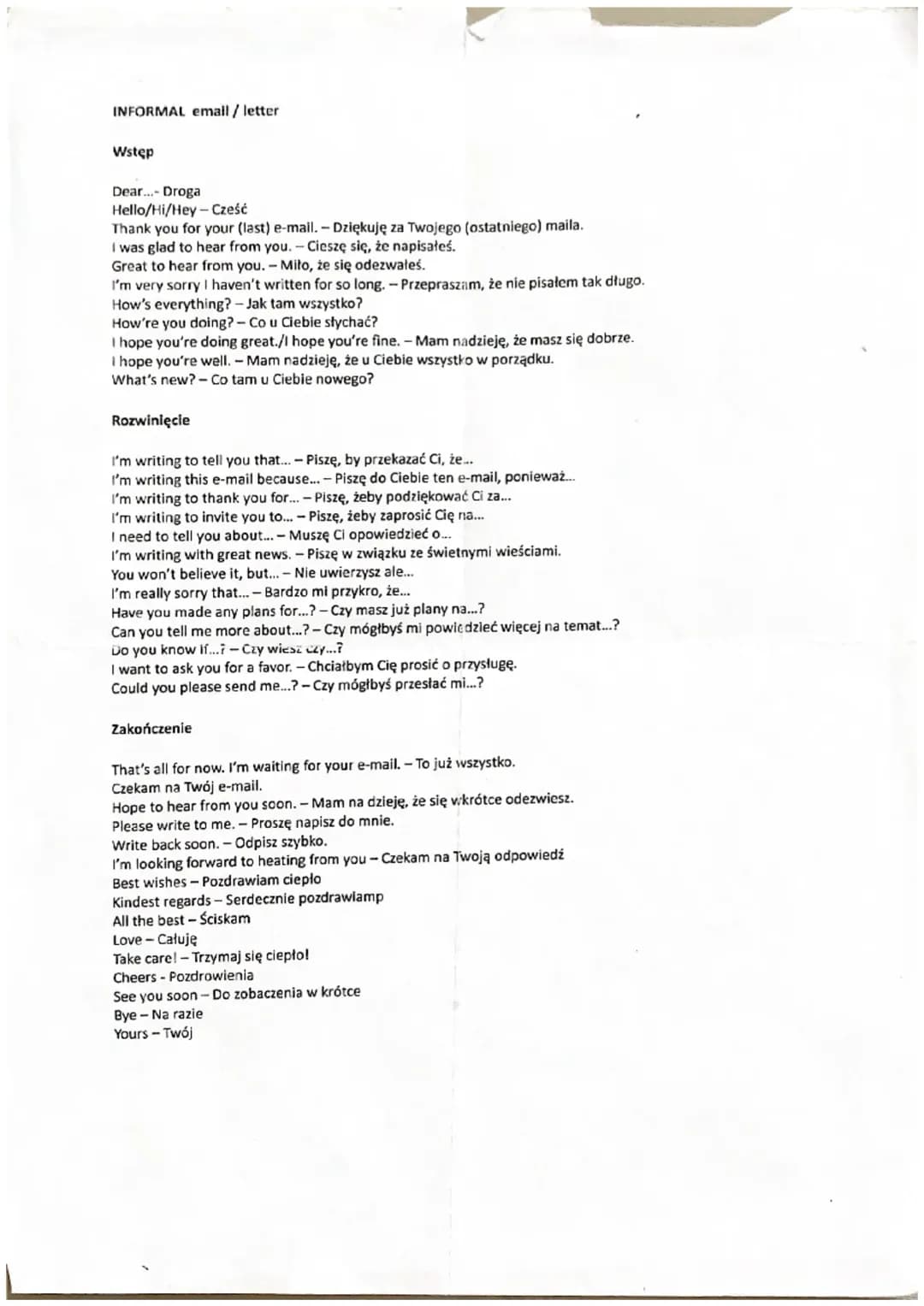 Wypowiedź pisemna- list nieformalny 