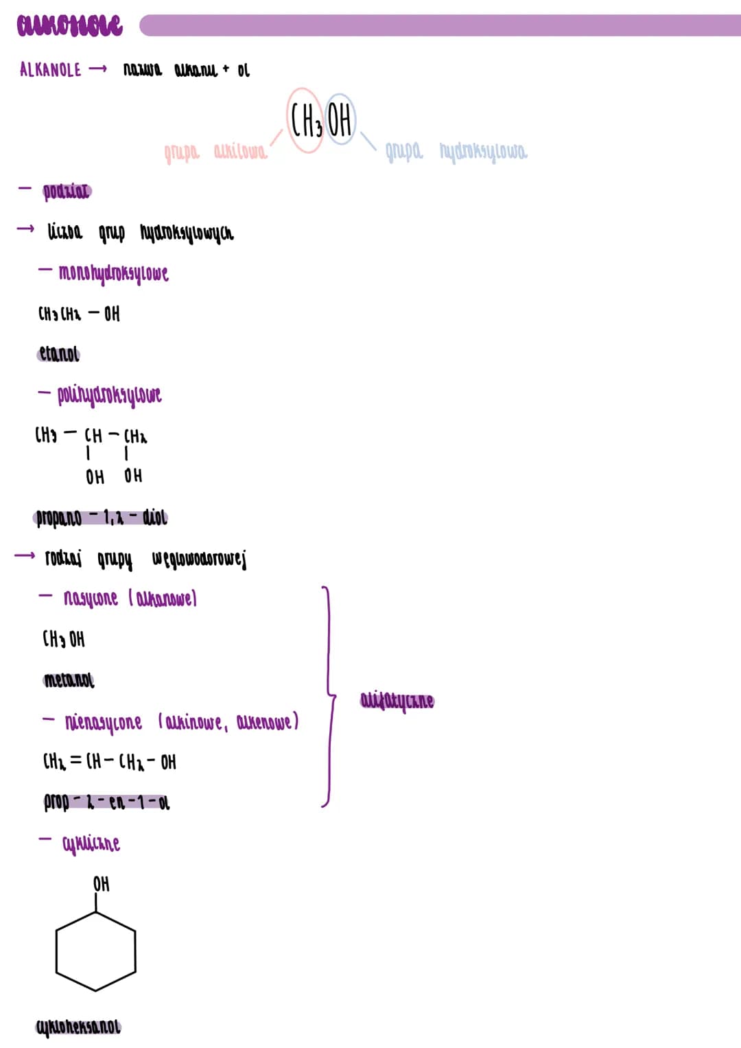 almossove
ALKANOLE -> nazwa alkanu + ol
podzial
liczba grup hydroksylowych
-monohydroksylowe
CH₂CH₂-OH
etanol
grupa alkilowa
-polinydroksylo