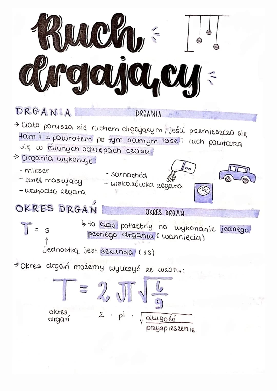 Ruch !!!
drgający &
DRGANIA
DRGANIA
→ Ciato porusza się ruchem drgającym, jeśli przemieszcza się
tam i 2 powrotem po tym samym tone i ruch p