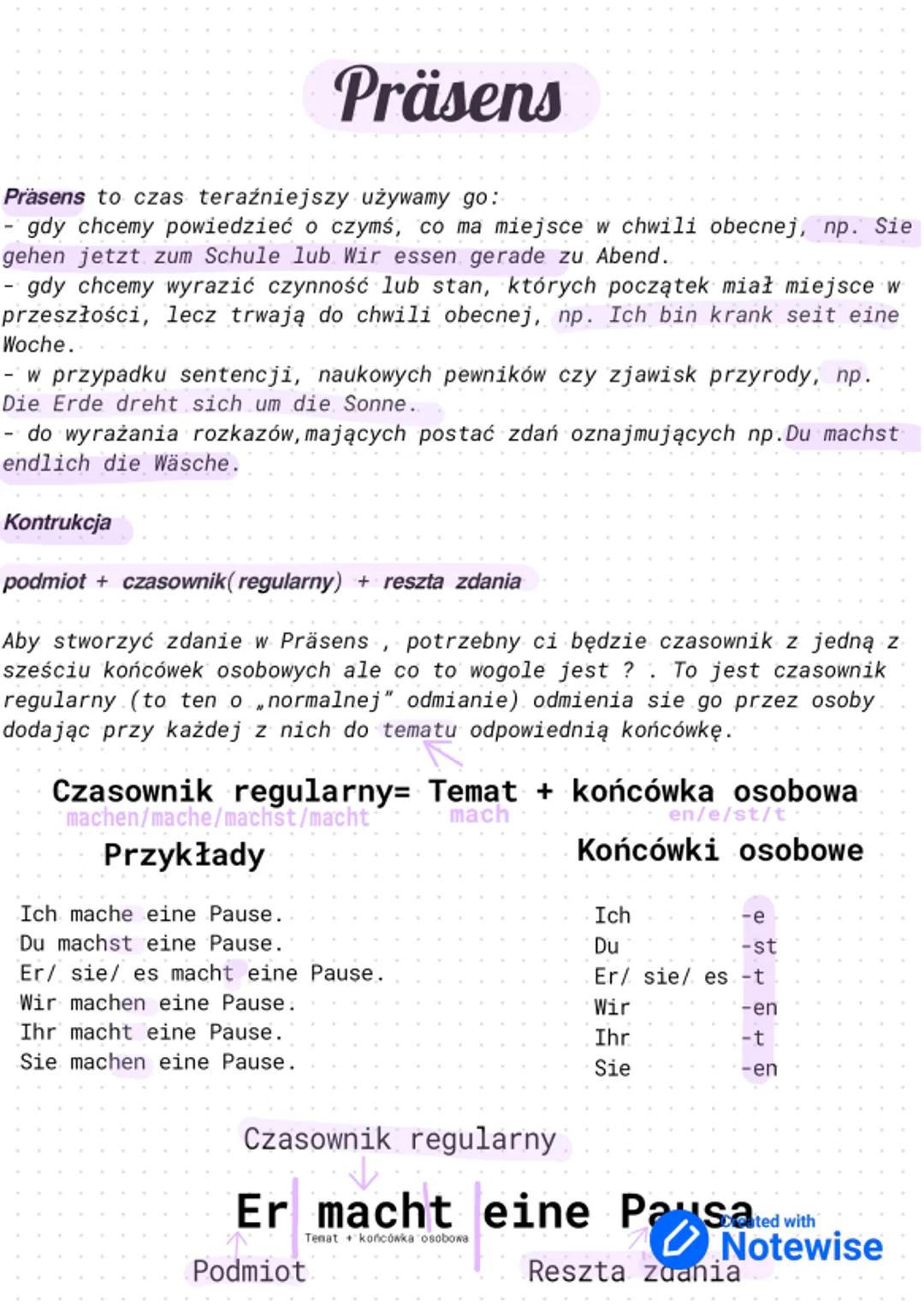 Präsens
Präsens to czas teraźniejszy używamy go:
- gdy chcemy powiedzieć o czymś, co ma miejsce w chwili obecnej, np. Sie
gehen jetzt zum Sc