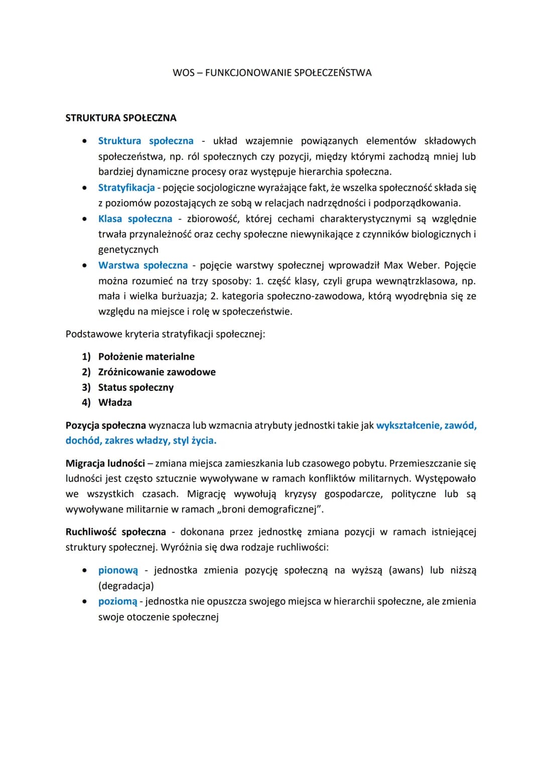 WOS - FUNKCJONOWANIE SPOŁECZEŃSTWA
STRUKTURA SPOŁECZNA
●
Struktura społeczna układ wzajemnie powiązanych elementów składowych
społeczeństwa,