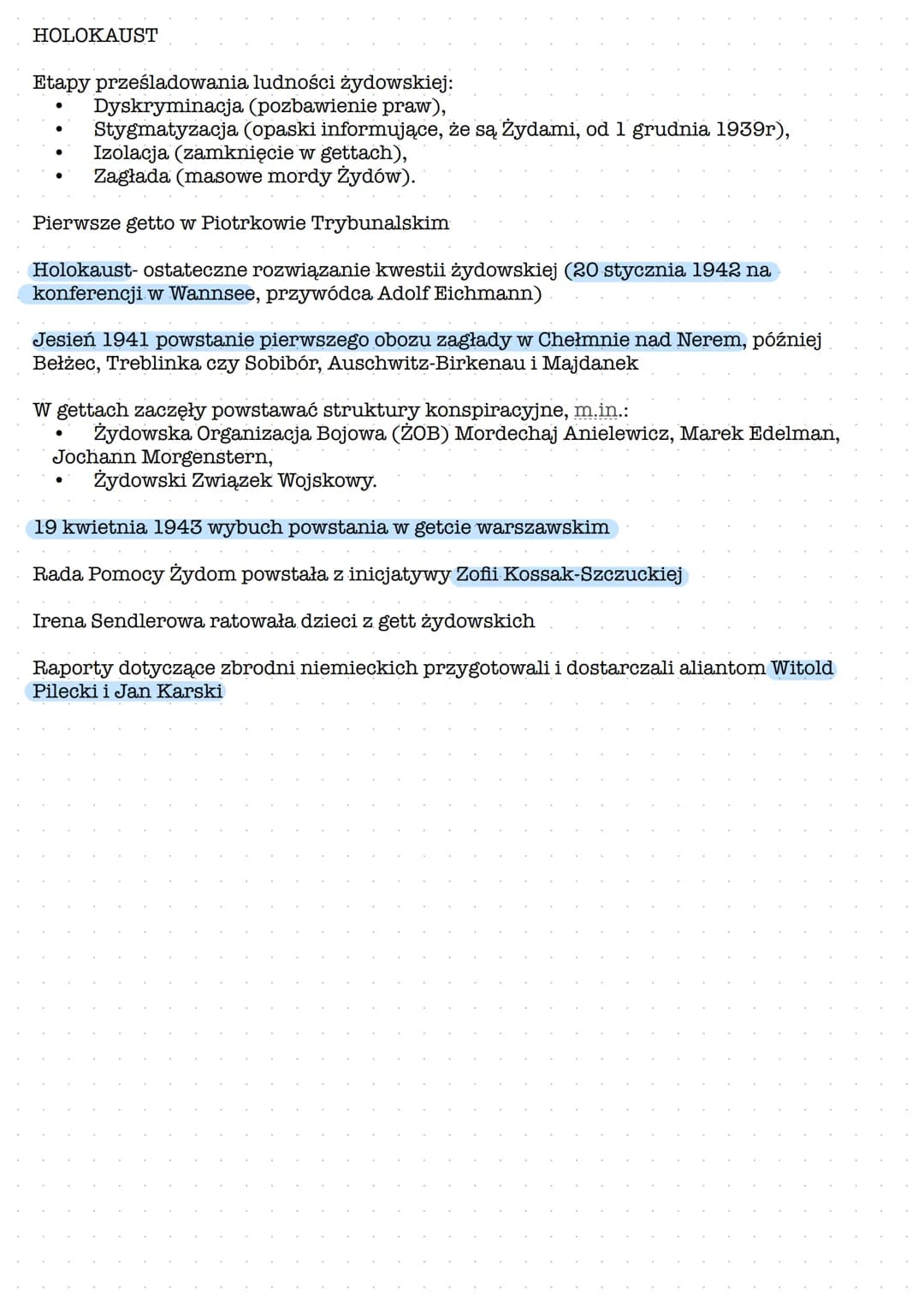 HOLOKAUST
Etapy prześladowania ludności żydowskiej:
Dyskryminacja (pozbawienie praw),
Stygmatyzacja (opaski informujące, że są Żydami, od 1 