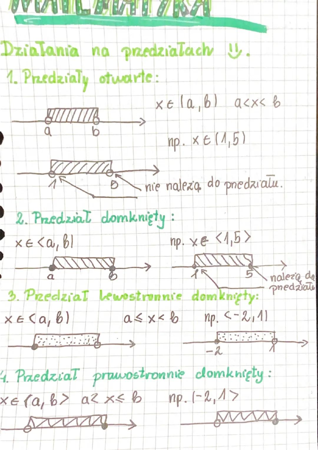 Działania na przedziałach V.
1. Przedzialy otwarte:
gulme
a
b
->
G
2. Przedział domknięty:
хе<a, bl
D
[PERANTISOP!
xela, b) a<x< b
np. x = (