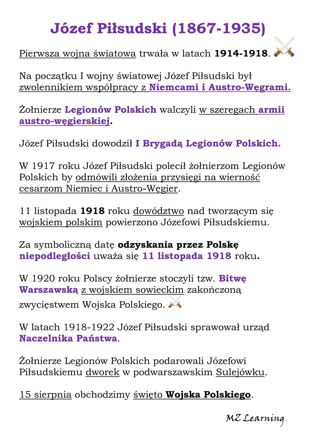 Józef Piłsudski (1867-1935)
Pierwsza wojna światowa trwała w latach 1914-1918.
Na początku I wojny światowej Józef Piłsudski był
zwolennikie
