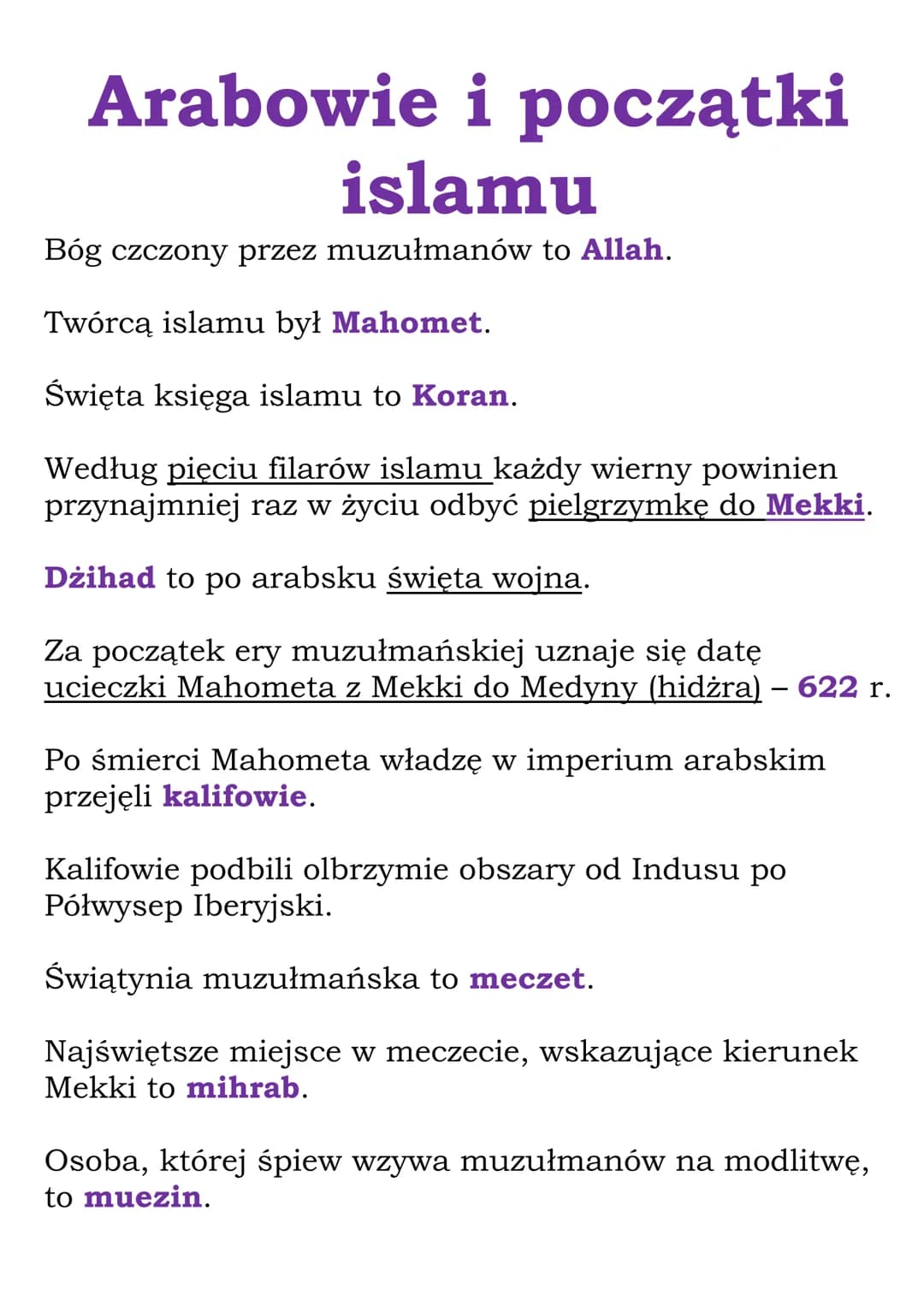 Arabowie i początki
islamu
Bóg czczony przez muzułmanów to Allah.
Twórcą islamu był Mahomet.
Święta księga islamu to Koran.
Według pięciu fi