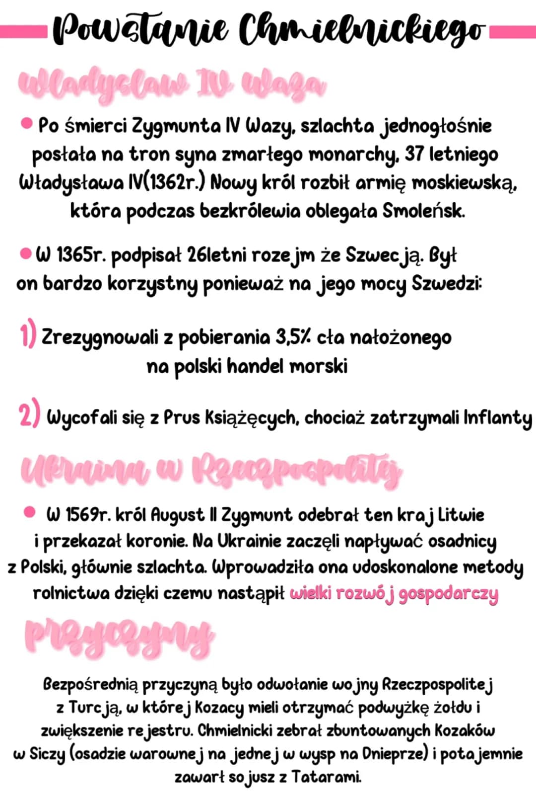 Powstanie Chmielnickiego
Wladlyclaw IV Waza
Po śmierci Zygmunta IV Wazy, szlachta jednogłośnie
postała na tron syna zmarłego monarchy, 37 le
