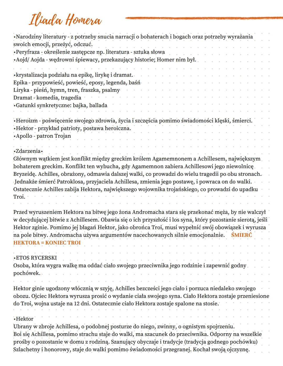 Iliada Homera
*Narodziny literatury - z potrzeby snucia narracji o bohaterach i bogach oraz potrzeby wyrażania
swoich emocji, przeżyć, odczu