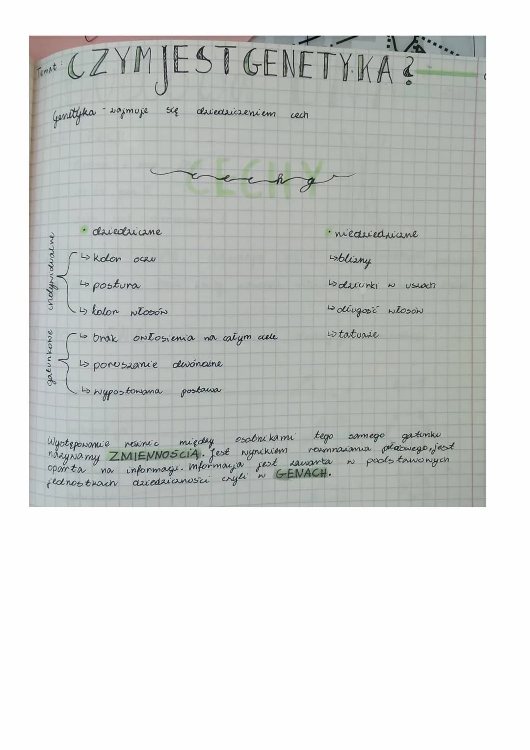 CZYM JEST GENETYKA?
Genetyka - sajmuje
Temat:
indywidualne
gatunkowe
• dziedziczne
L> kolor
OCzU
↳brak
się
↳> postura
-↳ kolor włosón
dziedz