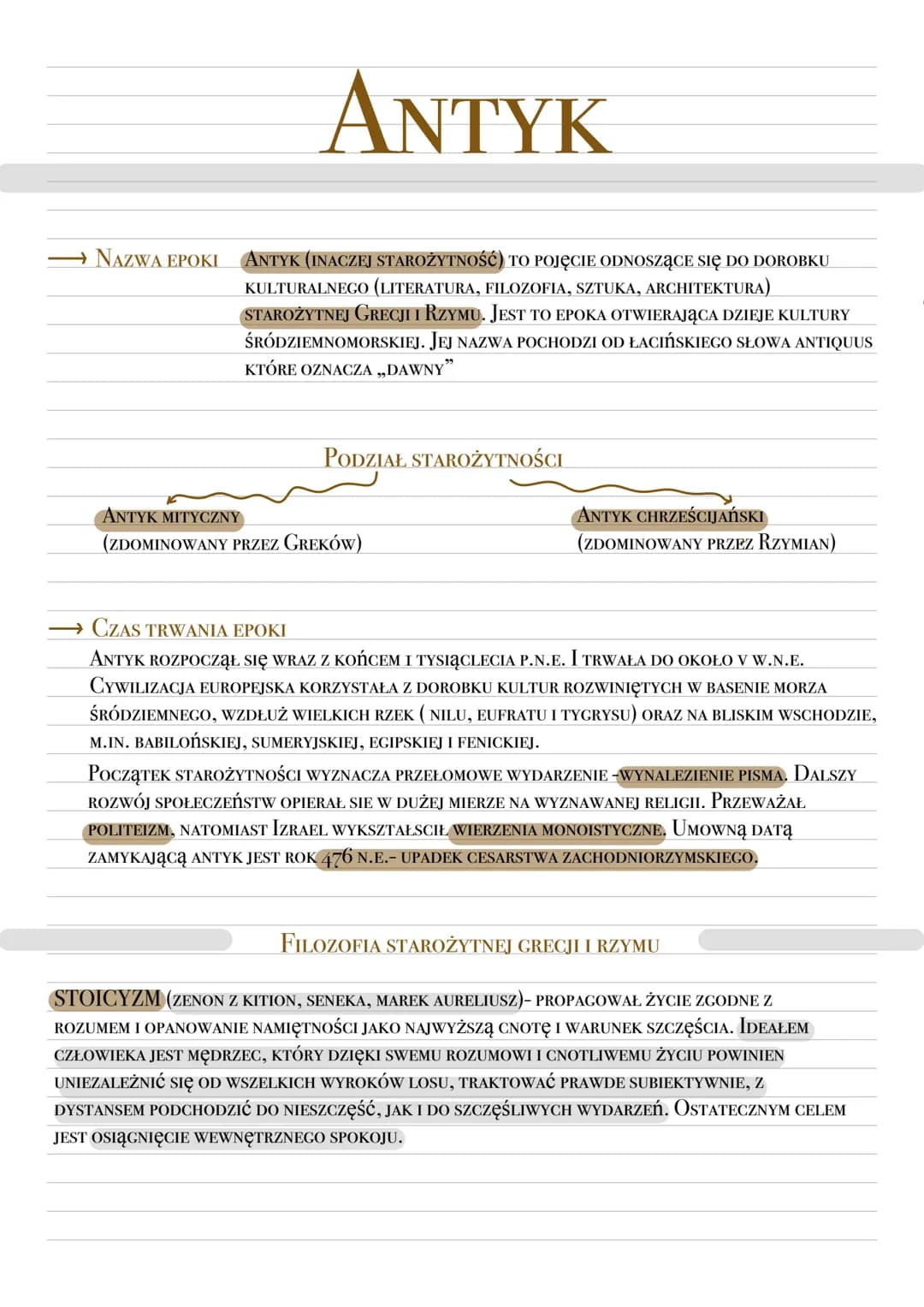 →→→→NAZWA EPOKI
ΑΝΤΥΚ
ANTYK (INACZEJ STAROŻYTNOŚĆ) TO POJĘCIE ODNOSzące się do DOROBKU
KULTURALNEGO (LITERATURA, FILOZOFIA, SZTUKA, ARCHITEK