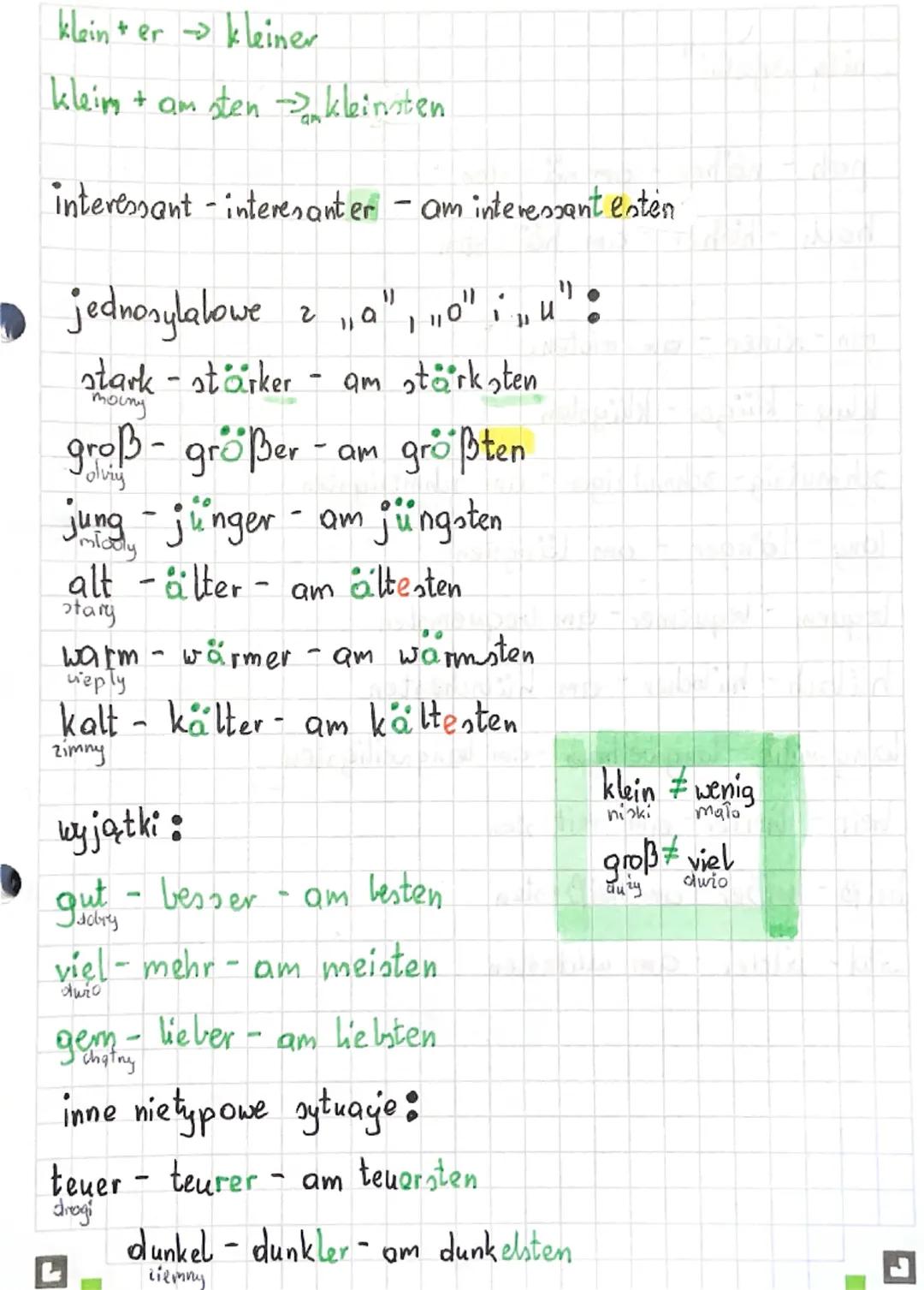 klein+er $\Rightarrow$ kleiner

kleim + am sten$\Rightarrow$kleinsten

interessant - interesanter - am interessant esten

▶ jednosylalowe z 