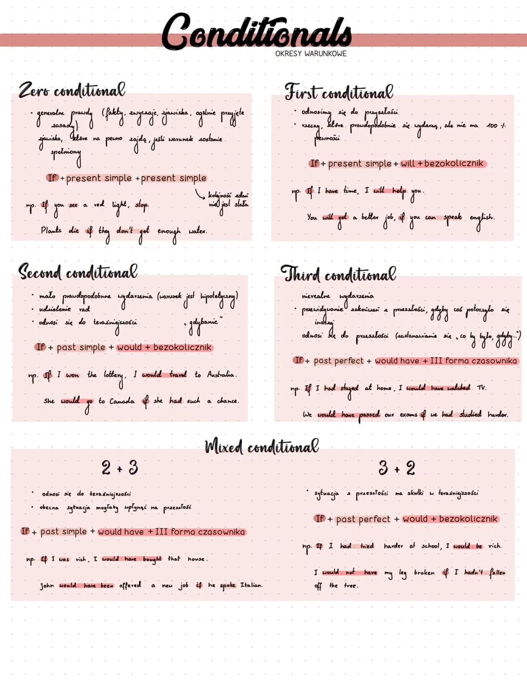 Zero conditional
• generalne prawdy (fakety, zwyczaje, zjawiska, agalnie przyjęte
zasady)
pewno zajdą, jeśli
warunek zostanie.
jawisks,
Geto