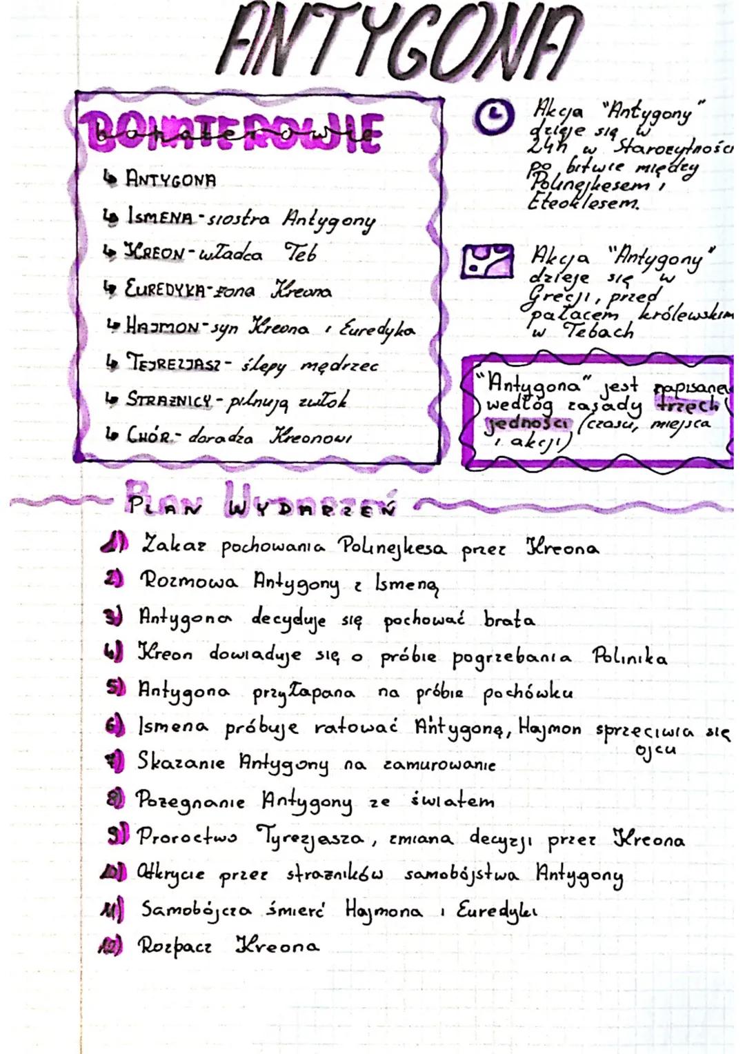 ANTYGONA
BOHATEROWIE
ANTYGONA
LISMENA siostra Antygony
SCREON-Władca Teb
EUREDYKA Fona Kreona
↳ HAJMON-syn Kreona, Euredyko
TEREZJASZ Ślepy 
