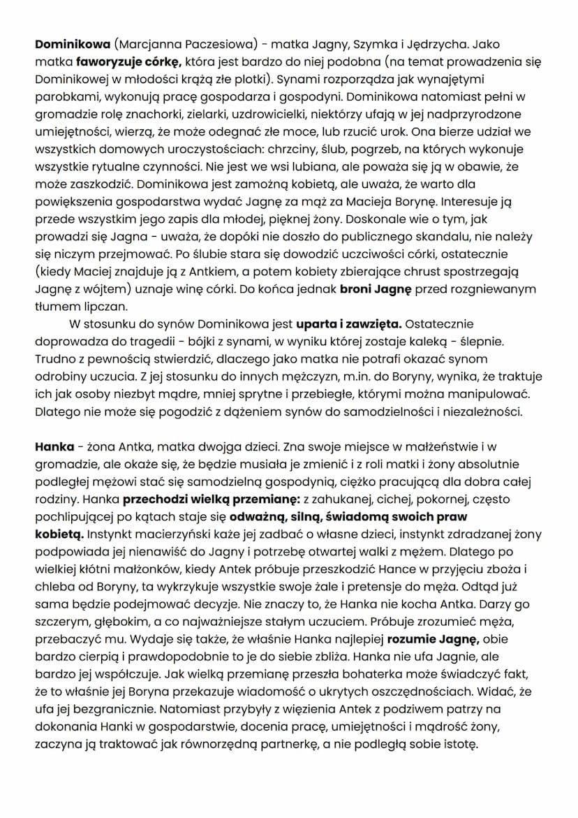 CHARAKTERYSTYKA BOHATERÓW W
POWIEŚCI CHŁOPI
Maciej Boryna - 58-letni mężczyzna, najbogatszy gospodarz w Lipcach, cieszy się w
gromadzie wiel