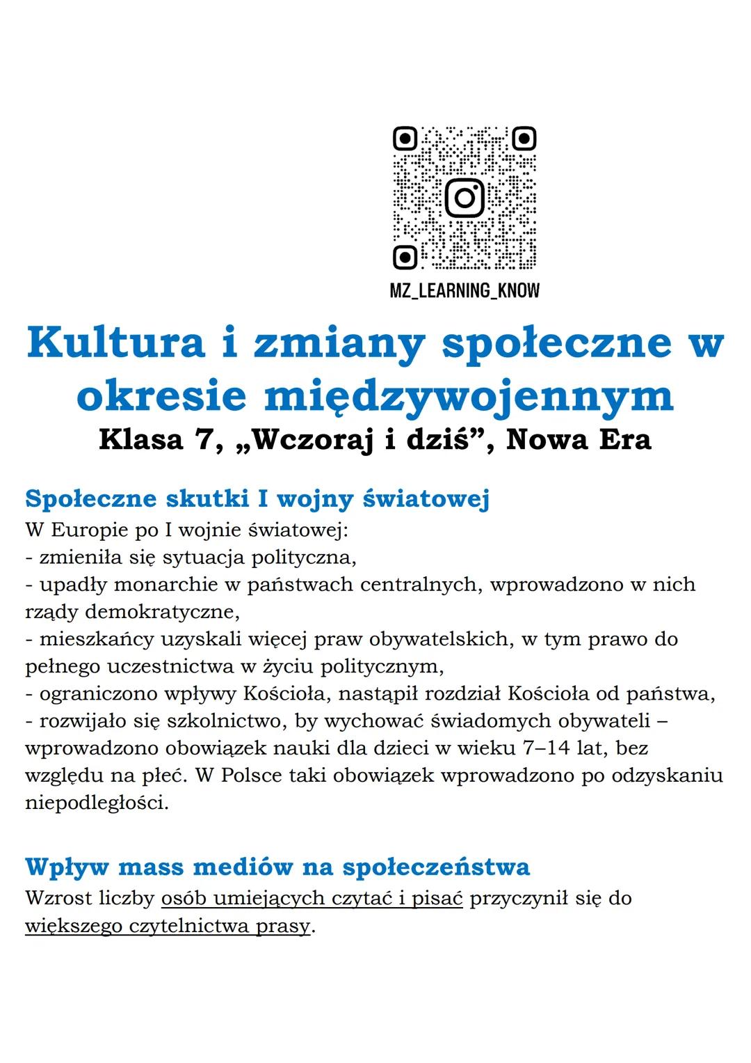 MZ_LEARNING_KNOW

# Kultura i zmiany społeczne w okresie międzywojennym
## Klasa 7, „Wczoraj i dziś", Nowa Era

### Społeczne skutki I wojny