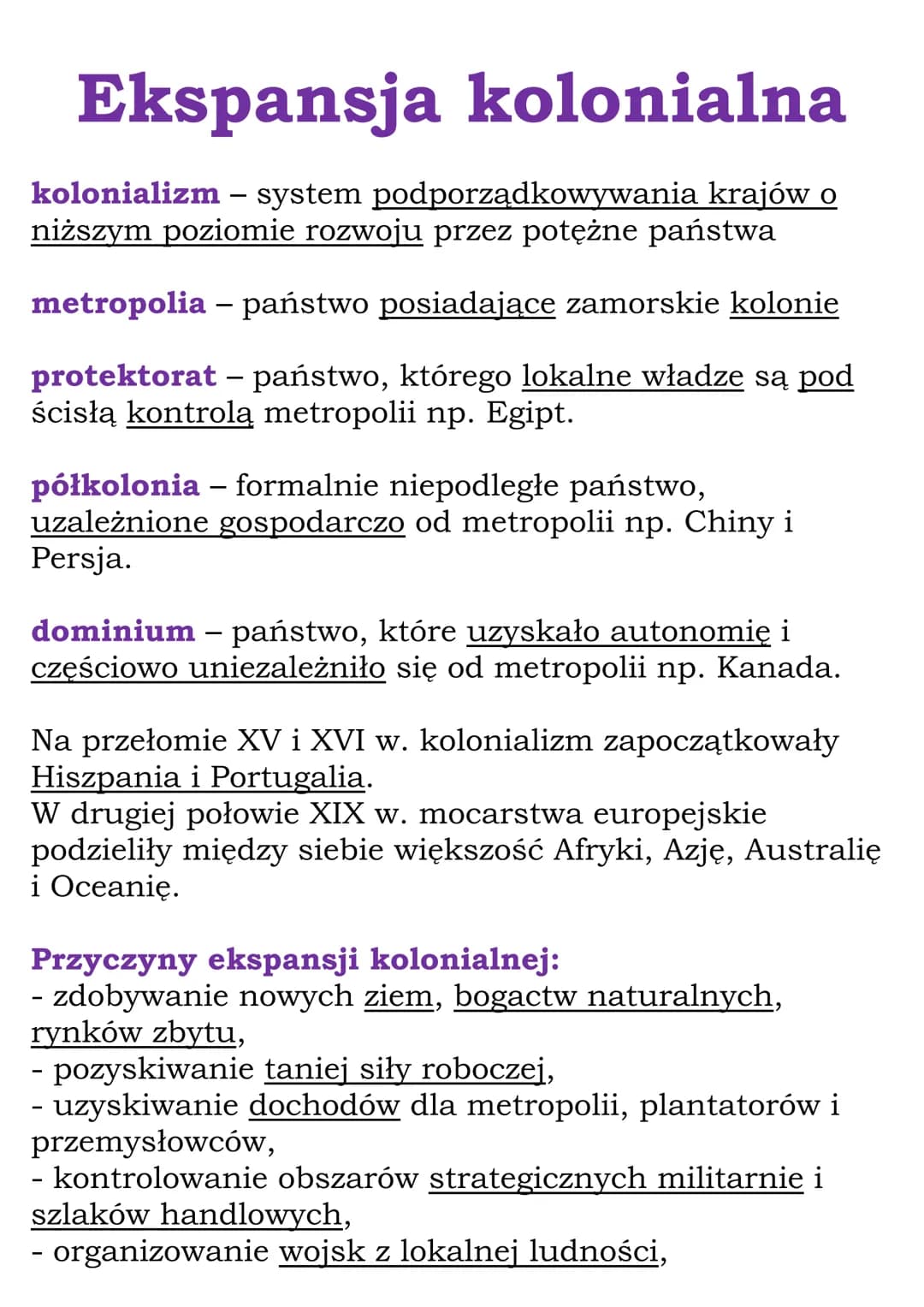 
<p><strong>Kolonializm</strong> to system podporządkowywania krajów o niższym poziomie rozwoju przez potężne państwa. <strong>Metropolia</s