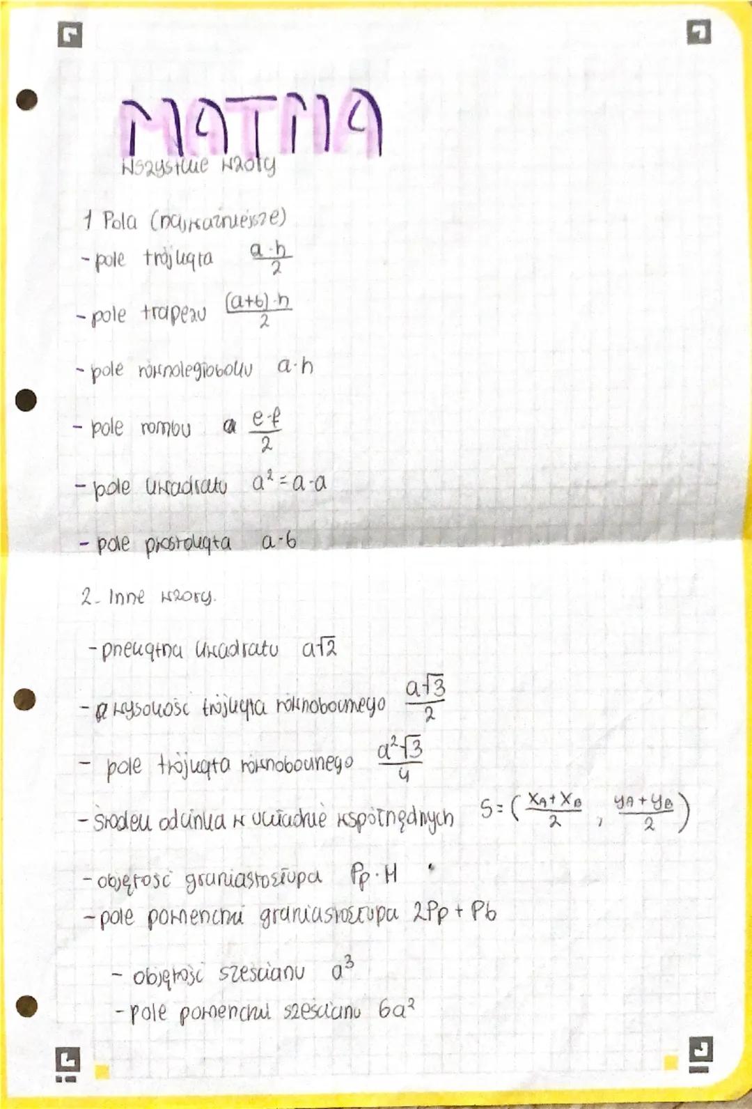 ## Wszystkie wzory

1 **Pola (najważniejsze)**
- pole trójkąta $\frac{a 
 h}{2}$
- pole trapezu $\frac{(a+b)h}{2}$
- pole równoległoboku $a 
