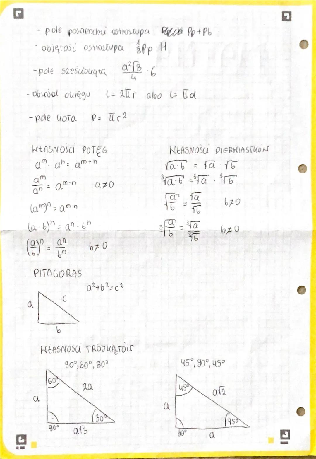 ## Wszystkie wzory

1 **Pola (najważniejsze)**
- pole trójkąta $\frac{a 
 h}{2}$
- pole trapezu $\frac{(a+b)h}{2}$
- pole równoległoboku $a 