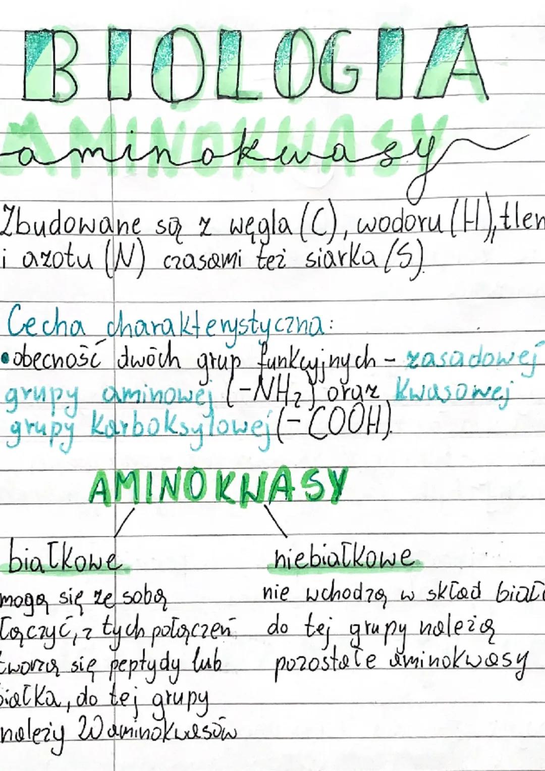 BIOLOGIA
aminokwasy
Zbudowane są z węgla (C), wodoru (H), tlem
i azotu (N) czasami też siarka (S)
Cecha charakterystyczna:
obecność dwóch
gr