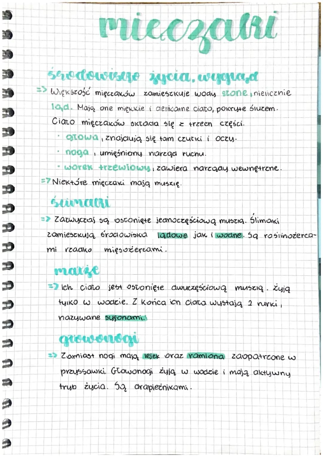 AAAAAAAAAA
mieczatri
srodowisere życia, wygląd
=> Większość mięczaków zamieszkuje wody stone, nielicznie
lad. Mają one miękkie i celikatne c