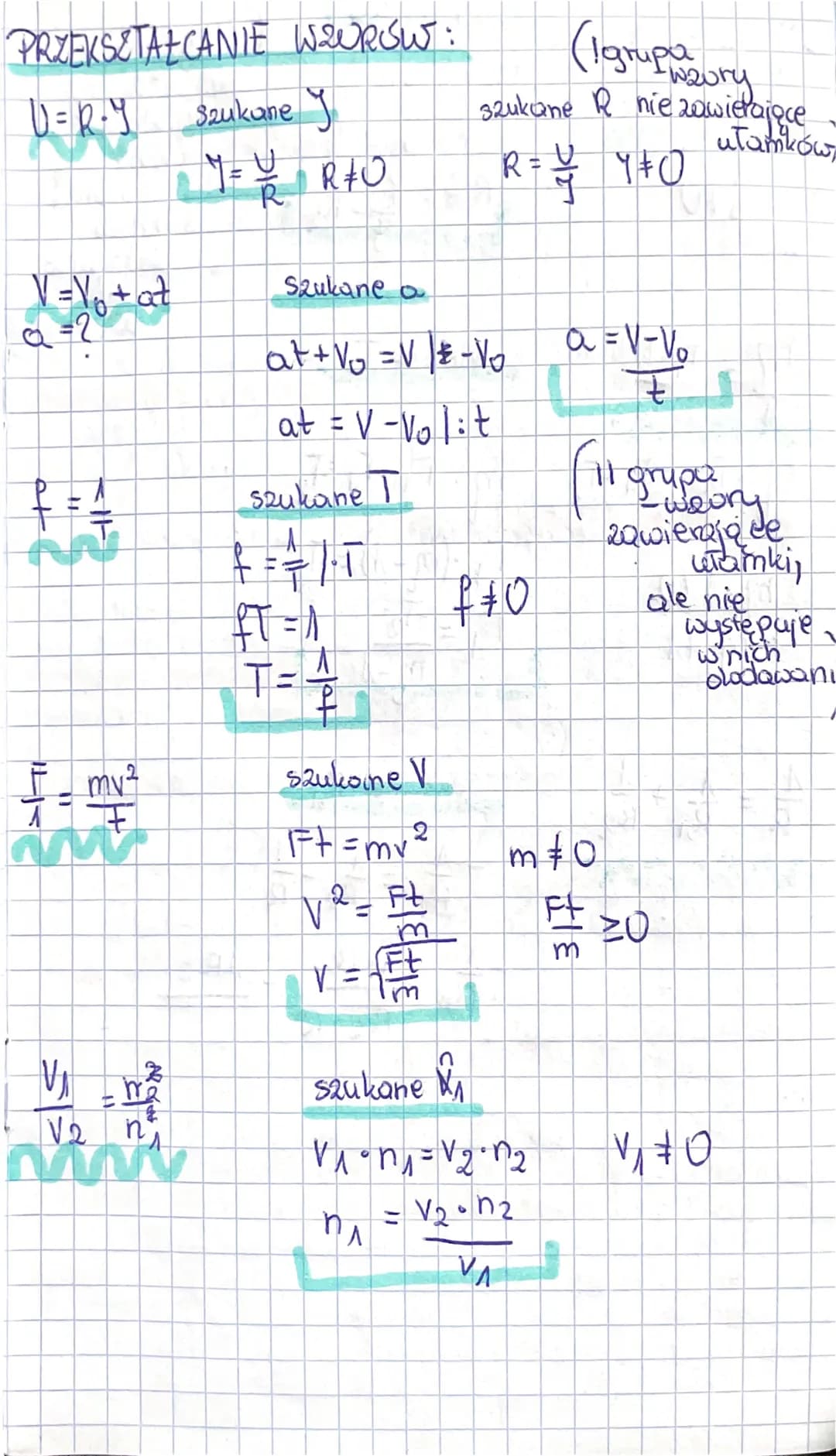 PRZEKSZTAŁCANIE WOORÓW:
D=R-Y soubare y
Szukane
V=V₁ + at
8
f = 4
mv²
I
Av
1₁ m²
V2 nj
1 = R+O
R
Szukane I
Szukane a
at + √₂ = √ √ 2 - V₁
at