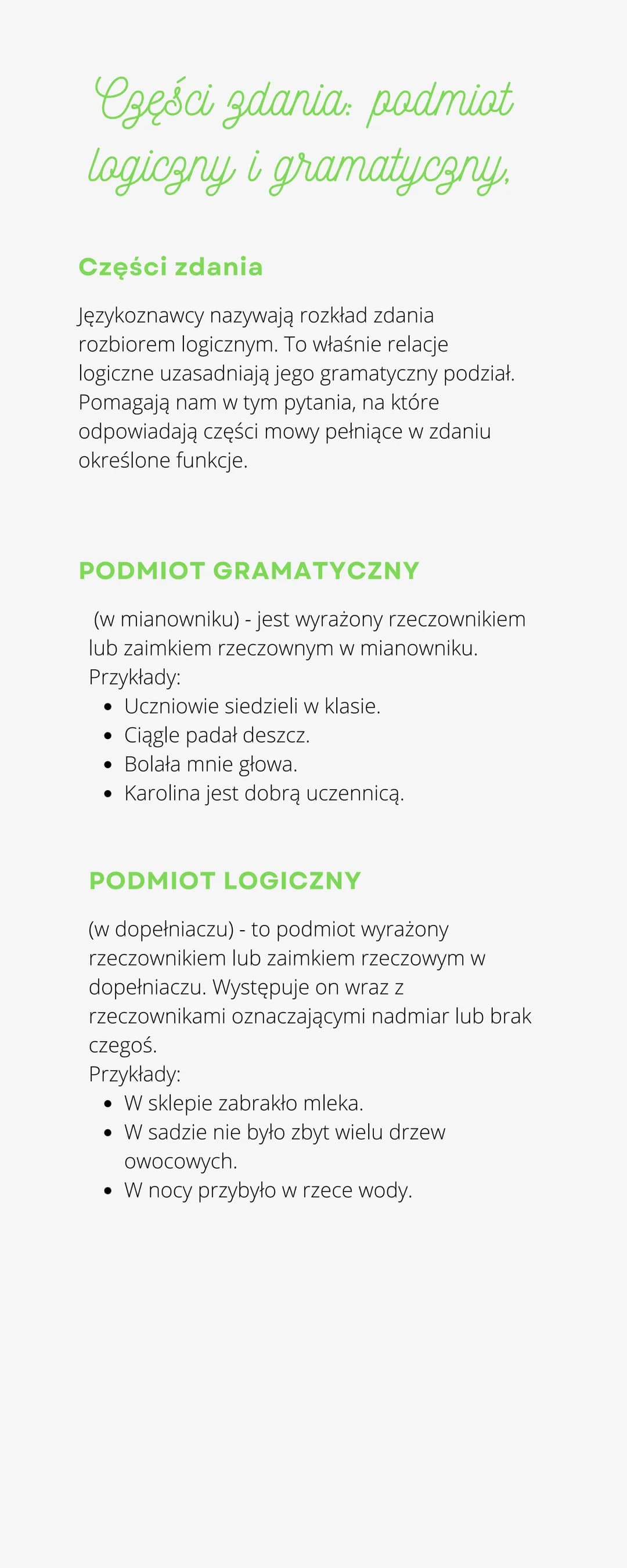 Części zdania: podmiot
logiczny i gramatyczny,
Części zdania
Językoznawcy nazywają rozkład zdania
rozbiorem logicznym. To właśnie relacje
lo