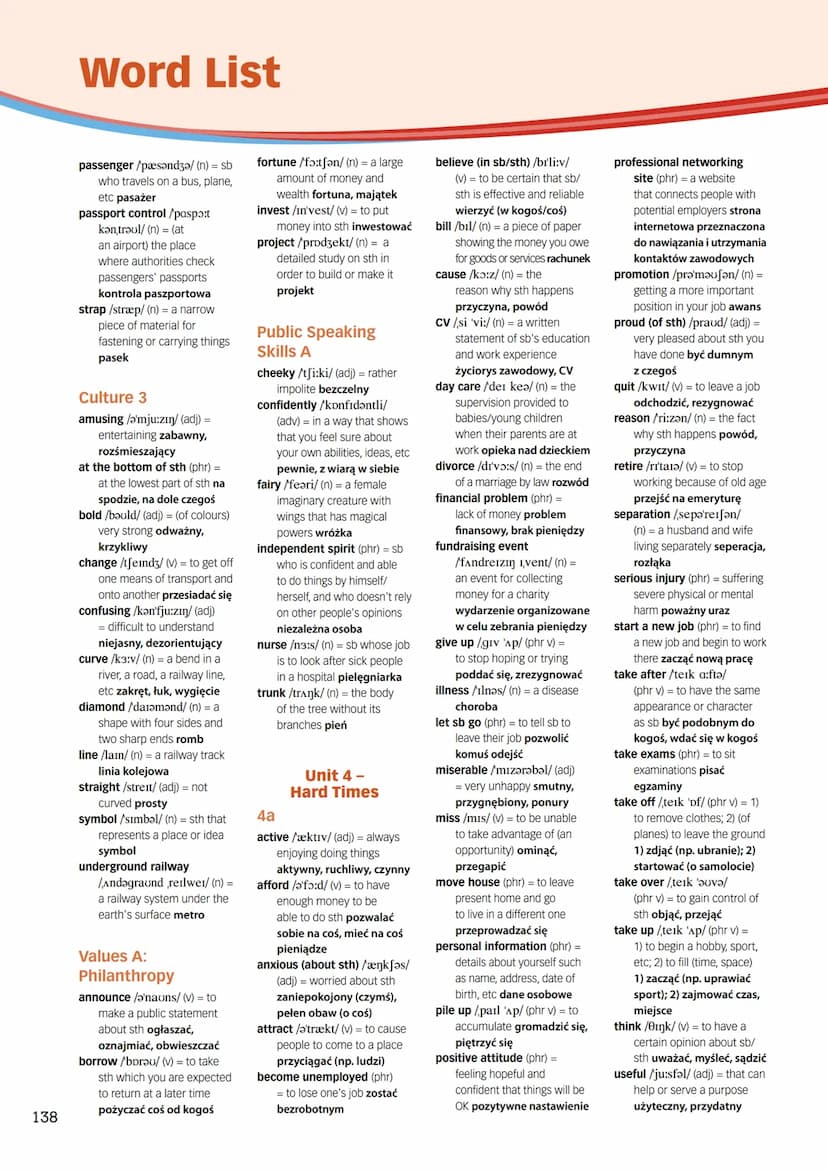 134
Word List
Unit 1-
In Character
1a
adventurous /adventfərǝs/
(adj) = risk-taking lubiący
przygodę, śmiały, odważny
arched /a:tft/ (adj) =