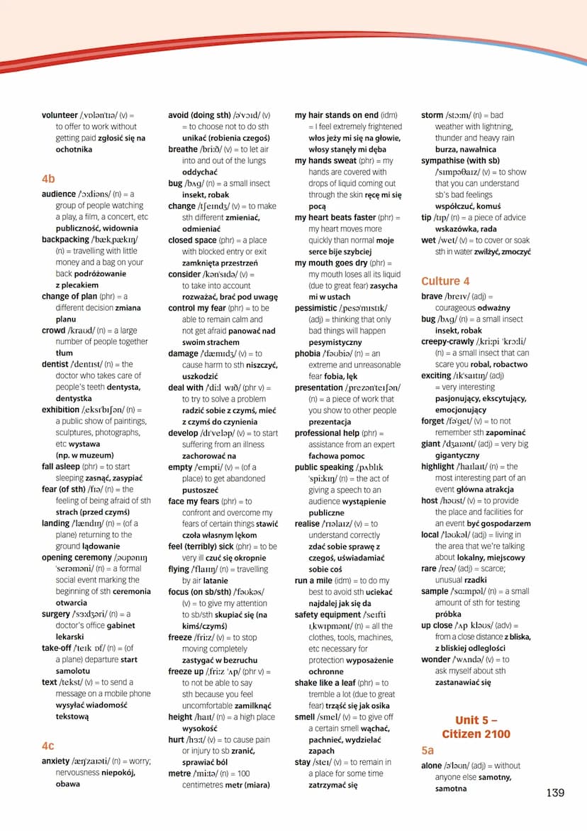 134
Word List
Unit 1-
In Character
1a
adventurous /adventfərǝs/
(adj) = risk-taking lubiący
przygodę, śmiały, odważny
arched /a:tft/ (adj) =