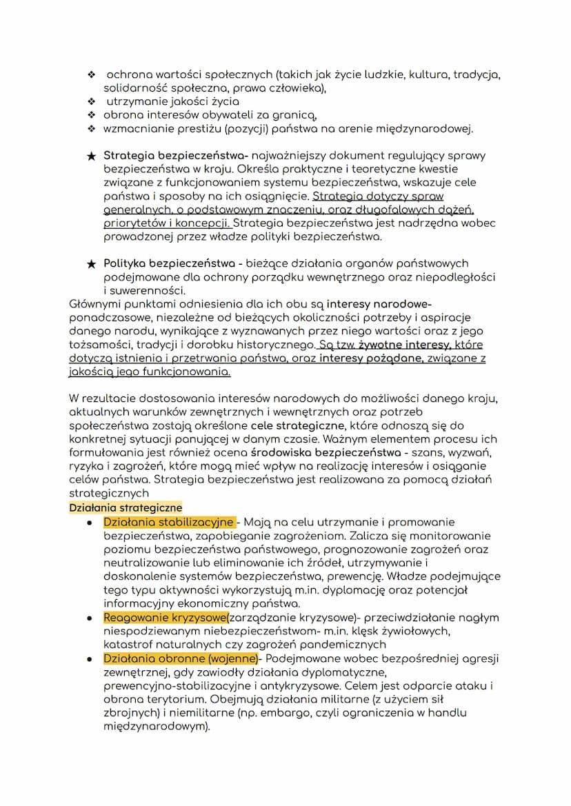 1.
Bezpieczenstwo panstwa
Bezpieczeństwo:
stan spokoju wynikający z braku zagrożeń i ryzyka utraty czegoś
cennego (np. zdrowia, dóbr materia