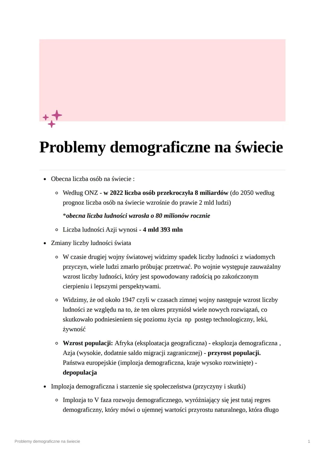 Problemy demograficzne na świecie
- Obecna liczba osób na świecie :
o Według ONZ - w 2022 liczba osób przekroczyła 8 miliardów (do 2050 wedł